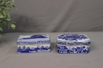 Blue & White Landscape And Floral Decorated Chinese Porcelain Lidded Boxes