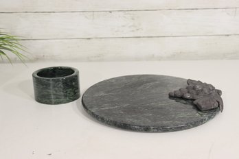 Vintage Green Marble Cheese Board & Marble Crock Set  12 Round Board  4 Round Crock