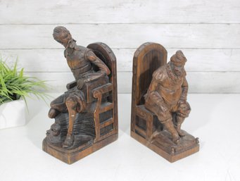 Vintage Hand Carved Wood Bookends  Figural Seated Men  13 & 10.5  One Repaired