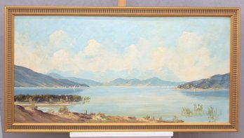 Signed Oil On Artist Board Panoramic Lake Landscape, Framed
