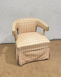 Upholstered Barrel Accent Chair With Skirt  Plaid Fabric  28' High X 26' Wide X 18.5' Deep