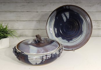 Signed Studio Pottery Covered Casserole Bowl  Large Underplate Set  Handcrafted  11.5 & 14 Round