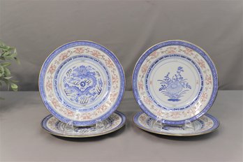 Set Of 4 Blue & White Chinese Porcelain Dragon And Flower Plates