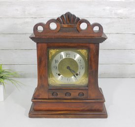 Vintage Wooden Mantel Clock  Brass Dial & Mechanical Movement  Key Wind  12 Wide  Untested