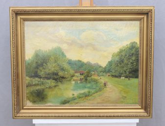 Signed Oil On Canvas Pastoral Landscape With Figures, Framed