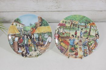 Set Of 2 Brunelli Designed Italian Plates  Village Market Scenes 8' Made In Italy