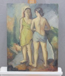 Signed Oil On Board Figurative Painting Of Two Figures-Painting: 24 H  17.5 W