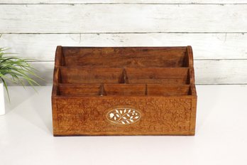 Hand Carved Wooden Desk Organizer With Floral Inlay  7'H X 12'W X 4'D