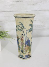 Vintage Chinese Porcelain Vase  Hand Painted Figures & Bamboo Scene 10'