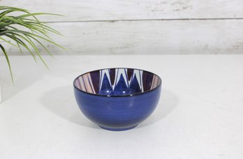 Vintage Hand Painted Blue Art Pottery Bowl  Geometric Interior Design  4'Diameter