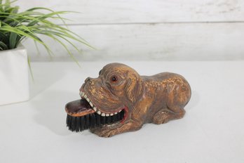 Vintage Valet Dog Clothes Brush Holder  Figural Dog W/ Red Glass Eyes & Brush  7 Long