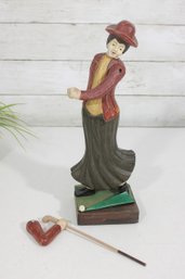 Vintage Hand Carved Wooden Golfer Automaton Figure W/ Club  Mechanical Golf Toy  13'