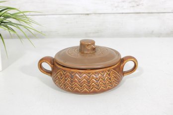 Vintage Hall Art Pottery Covered Dish  Brown Zig Zag Pattern  Handled Casserole  4.5'