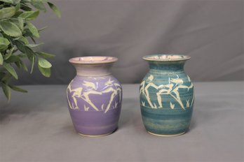 Two Lavender And Sage Studio Pottery Bas Relief Glazed Small Vases