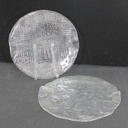 Vintage 13 Round Clear Art Glass Cheese Platter  Embossed Typography Design