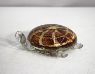 Vintage Glass Turtle Paperweight With Realistic Shell Design
