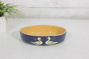 Vintage Swedish Folk Art Pottery Bowl W/ Swans  Blue & Yellow  7.5 X 5