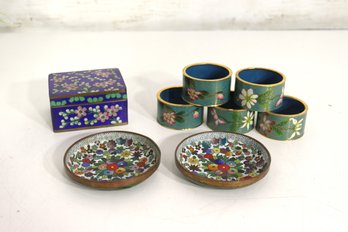 Vintage Cloisonn Enamel Lot  Trinket Box, Pair Of Dishes & 5 Napkin Rings  Handcrafted Floral Design