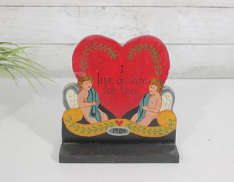Vintage Folk Art Valentine Sign I Live On Love For Thee  Cherubs Heart Display  7