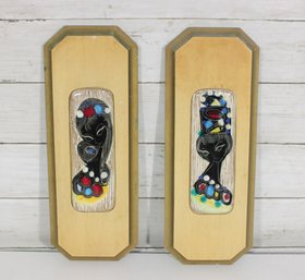 Pair 1960s Fantoni Style Ceramic Wall Plaques  Abstract Figural Art  Mid Century Modern  13.5 X 5'