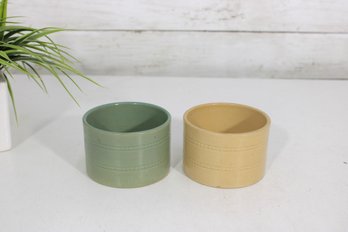 Set Of 2 Over And Back Yellow Ware Ramekins  2.5' X 3.5' Custard Cups Crock Bowls Green & Yellow