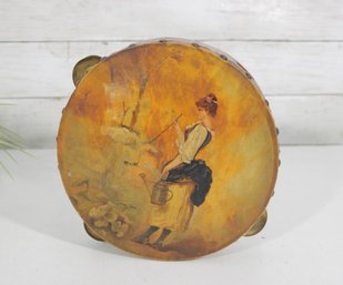Vintage Hand Painted Tambourine W/ Boy & Dog Scene  Wood & Brass  9 Round