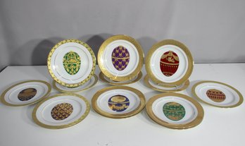 Set Of 14 Muirfield Porcelain Plates - Multicolor Faberg-Inspired Egg Design With Gold Trim