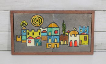 Vintage Hand Crafted Israeli Tile Wall Art  Jerusalem Scene  Framed  12.5 X 7.5'