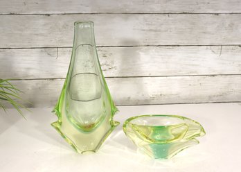 Vintage Mid-Century Art Glass Vase & Bowl Set  Green & Yellow Sommerso Style