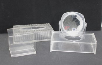 Lot Of Clear Acrylic Vanity Accessories  7x Magnifying Mirror, Tissue Box & Organizers