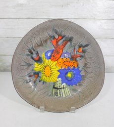 Vintage French Enameled Floral Bowl  Abstract Basket Design  Signed  10.5' Diameter