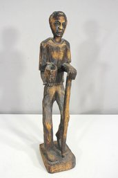 Hand-Carved Wooden Sculpture  Elderly Man With Cane & Cup  19 Signed By Artist