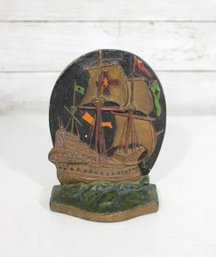Antique Albany Foundry #142 Galleon Cast Iron Doorstop  Sailing Ship  6.5 X 5