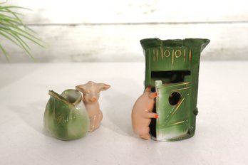 Vintage Japan Pig Figurines  Outhouse & Pig With Bag  Ceramic Humorous Pair