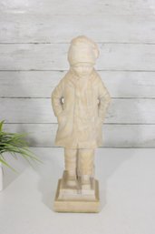 Vintage Carved Alabaster Stone Boy Statue Figure Winter Coat 15' Sculpture