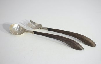 Sterling Silver (925) Salad Serving Set With Wooden Handles