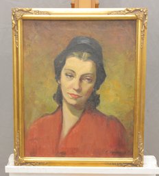 Signed Oil On Canvas Portrait Of Woman In Red, Framed