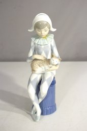 Lladro-Style Porcelain Figurine  Harlequin Girl With Cat  9 Marked