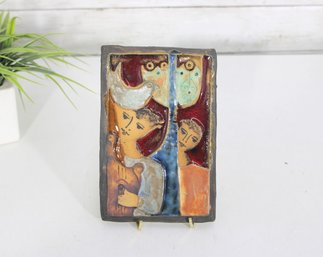 Vintage Hand-Painted Ceramic Art Tile Plaque  Figural Design  7.5 X 5