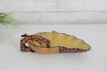 Hand Carved Kenyan Wooden Giraffe Bowl Safari Animal Dish 11' X 6.5'