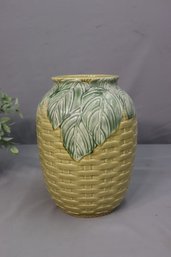 Green Palm Leaves Over Yellow Basket Weave Majolica Planter