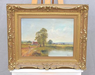 Signed Oil On Canvas Pastoral Landscape, Ornate Gilt Frame