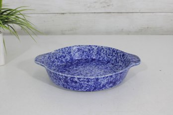 Vintage Blue Spongeware Stoneware Baking Dish Casserole W/ Handles 9' X 7'