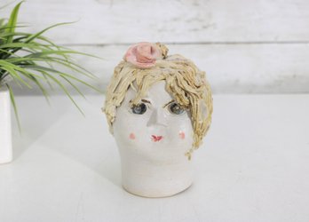 Vintage Handcrafted Ceramic Lady Head Vase  Applied Hair & Rose  6'High