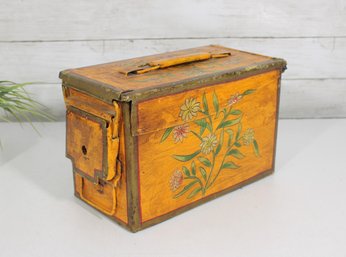 Vintage Decorative Metal Ammo Box Storage Tin Floral Design W/ Handle 12'