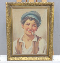 Signed Oil On Board Portrait Of Smiling Boy With Cap, Framed