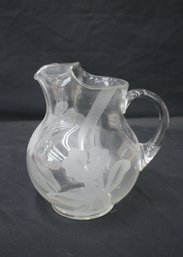 Vintage 9' Clear Glass Etched Pitcher With Floral Design
