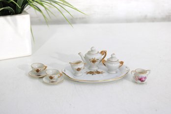 Vintage Mini Porcelain Tea Set On Tray  Gold Trim  Dollhouse Size