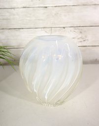 Vintage Swirl Opalescent Art Glass Vase  Iridescent White  7H