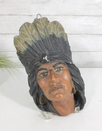 Vintage Native American Chief Wall Mask Plaque Headdress Chalkware Style 12'